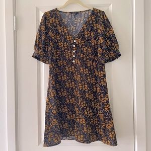 NWOT, Navy and Gold Floral Summer Dress with White Buttons, Medium